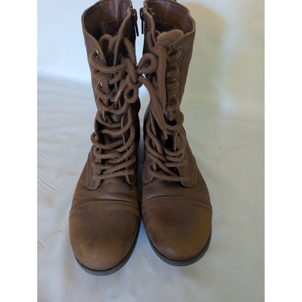 Brown Lace Up Combat Boots, Riding Side Zip Cap Toe Mid Calf Size 10 RN17730 - Picture 2 of 5